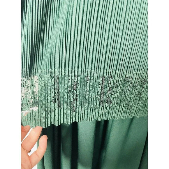 Vintage Good Times Dress 10P Blouson Green Midi Crinkle Pleated Lace 80s Retro - Picture 4 of 10